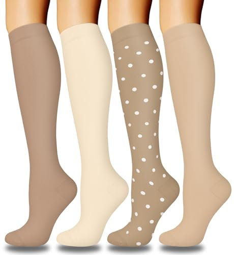 ACTINPUT 4 Paar Kompressionsstrümpfe für Damen Herren, Bunte Stützstrümpfe Kompressionssocken für Sport, Flug, Laufen, Reisen, Radsport, krankenschwester(4105 - Braun,L-XL)