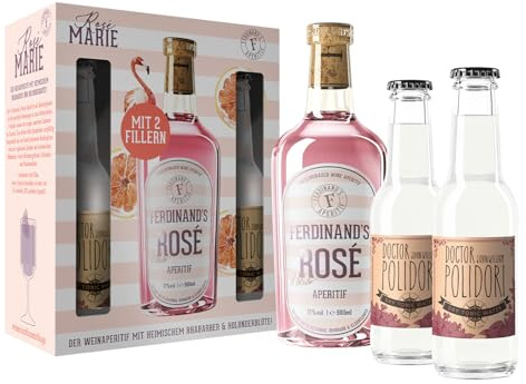 Ferdinand's | Rosé Aperitif | Perfektes Sommergetränk mit Rhabarber und Holunderblüte | Mit Doctor Polidori Dry Tonic Water | 500ml + 2 x 200ml | 17% vol.