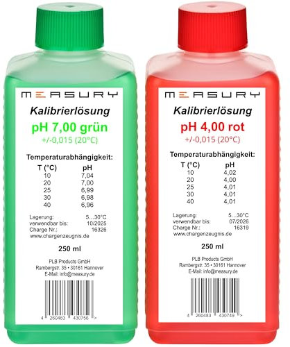 Measury pH Kalibrierlösung 4.00 und 7.00 - hergestellt in Deutschland, pH Pufferlösung je 250ml, Eichlösung Rot/Grün, Kalibrierflüssigkeit Set Eichflüssigkeit