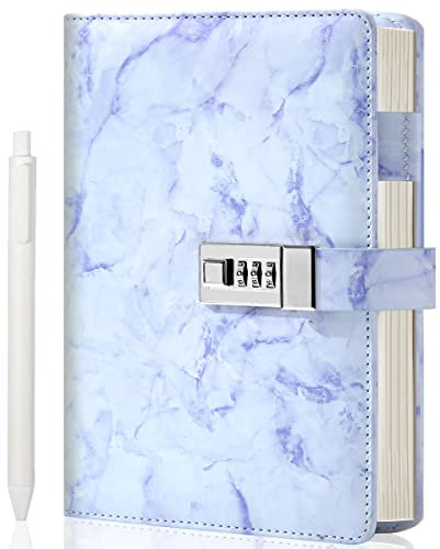 CAGIE Journal intime intime avec cadenas pour filles et femmes, format A5, avec cadenas, pour filles de 8, 10, 11, 12, 14, 16 ans, 192 pages, marbré, avec stylo, bleu