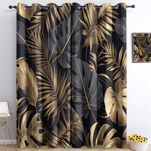 Vorhänge Schwarzes Gold Muster - Goldene Monstera-Blätter Fenster Gardinen mit Ösen, Vorhang Blickdicht Verdunklungsvorhänge Thermovorhang für Wohnzimmer Schlafzimmer H166 x B75 cm (2er Pack)