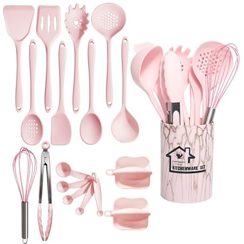 18 Stück Küchenhelfer Set,Silikon Küchenhelfer Set,Kochutensilien Kochbesteck Set mit Non-stick Heat-Resistant Silicone Kitchen Utensils (Rosa)