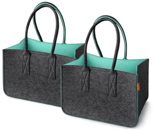 Miqio Filz Shopper | 2-er Set | Einkaufstasche mit Henkel und Innentasche | Einkaufskorb | Tragetasche Filz| Aufbewahrungskorb | Dunkelgrau-Hellblau