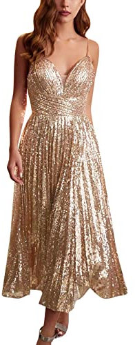 BIISDOST Robe de soirée sexy à paillettes et col en V profond pour femme, rose gold, L