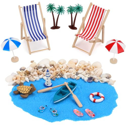 Camptrip 15 piezas de micropaisaje de playa, mini decoración de paisaje, mini tumbonas, conchas, sombrillas, decoración microscópica para decoración de jardín DIY
