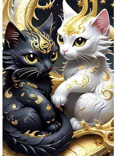 QENSPE Diamond Painting Chat Noir Blanc, Kit Peinture Diamant Adulte, Abstrait Diamond Art Broderie Diamant Kit Complet, Bricolage Crystal Art Point de Croix Maison Murale Decor 30x40cm