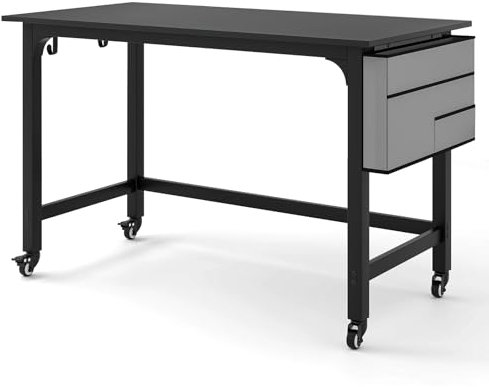 LIFEZEAL Bureau à roulettes, Pochette de Rangement, 2 Crochets, Table Ordinateur en Bois, Cadre en Acier, Table d'Étude & d'Écriture, Style Industriel, 120x60x75 cm (Noir)