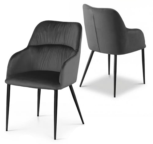 Nizzenithal Esszimmerstühle mit dickem Samtstoff gepolsterter Sitz, Metallbeinen, Armlehnen und Rückenlehne Eckstuhl für Lounge Wohnzimmer(Dunkelgrau,2)