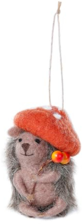 Holly & Jolly - Weihnachtsanhänger Igel, ca. 9 cm | Filzanhänger aus Wolle, handgefilzt, Weihnachtsbaumschmuck in Braun und Orange, Igel mit Pilzhut, Weihnachtsdeko