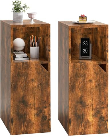 YMYNY Narrow Bedside Table Set of 2, Slim Side Table with Open Compartment and Door, Adjustable Shelf, Bedside Cabinet, for Bedroom, Living Room, Rustic Brown HST016H-2