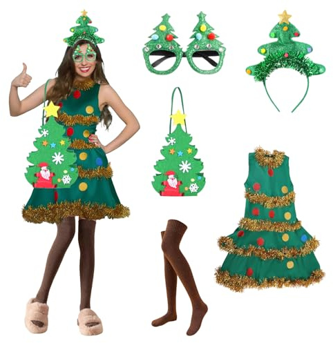 Lyxaof 5PCS Adults Christmas Tree Costume Funny Sleeveless Dress with Glasses Headwear Handbag Stockings Xmas Holiday Party Cosplay Outfit for Men Women