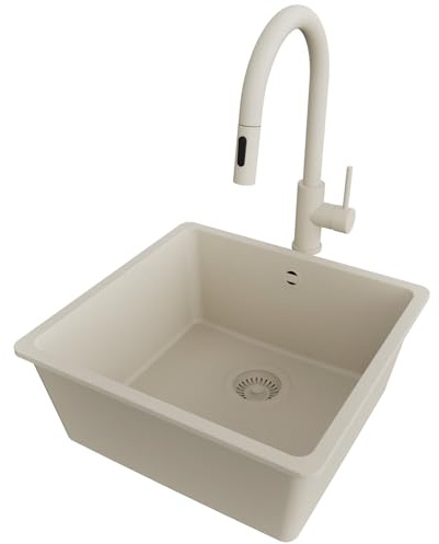 PRIMAGRAN Unterbauspüle ab 50er Unterschrank + Küchenarmatur, 46x44cm | Set: Küchenarmatur BW9010 + Ablauf-Set (Siphon, Ablaufgarnitur, Überlauf) + Spülbecken 1 Becken - Venedig Easy, Alles Beige