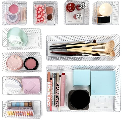 bssmmai 10 PCS Makeup Storage Drawers, Acrylic Clear Bathroom Drawer Organiser for Cosmetics, Vanity, Bedroom, Kitchen Gadgets, and Office Storage, 4 Sizes