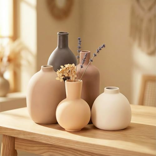 OFFASST Keramik Vasen Set 5-teilig | Iconic Home Vase für Pampasgras & Trockenblumen | Moderne Tischdeko in Beige & Braun | Neutral Boho Skandinavische Vase Hoch für Wohnzimmer