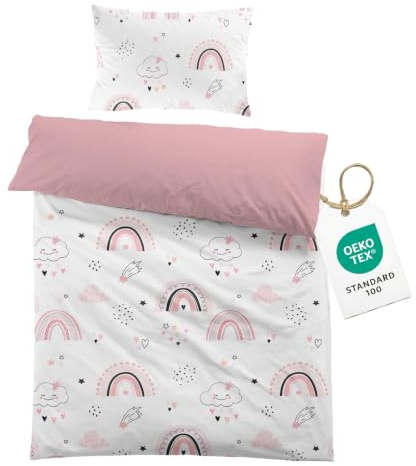 CINYE Regenbogen Rosa Kinderbettwäsche 2-teilig: Bettbezug 120x150cm + Kissenbezug 40x60cm,Für Baby,Mädchen Und Jugendliche, Bettwäsche-Set Mit Regenbogen, Wolken, Sternen, Monden, Herzen, Microfaser