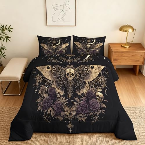 Generisch Gothic Bettdecke 155x220 4 Jahreszeiten, Ohne Bezug, 1 Kissenbezug 80x80, Himmlische Mond Totenkopf Schmetterling Motiv Wende Steppdecke, Schlafzimmer Deko, Geschenke, Superweich - S&E203