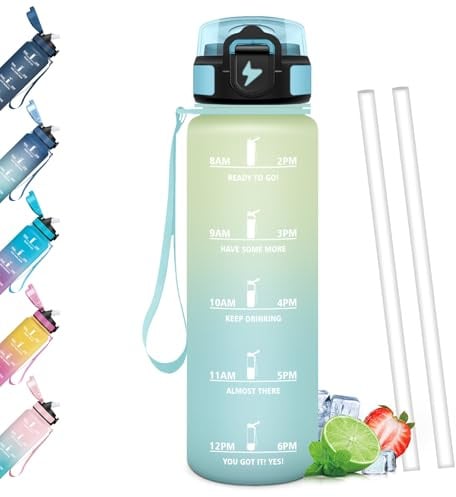 Mulbijeo Gourde 1L, Étanches, Bouteille d'eau, Portable, Gourde Avec Paille, Échelle de Temps et Slogans de Motivation, Bouteille Sport pour Fête, Ecole, Cyclisme, Camping, Sport, Yoga