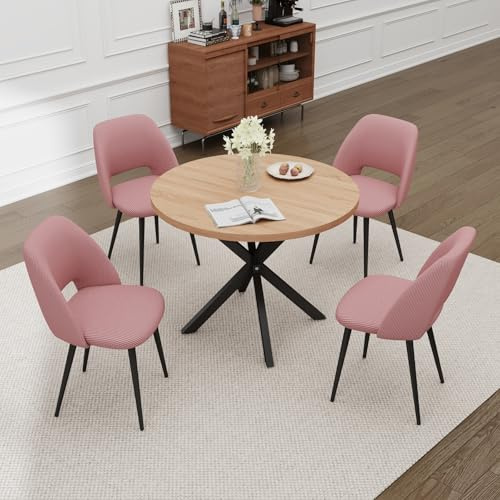 JZGORC Juego de Mesa y Sillas de Comedor, Mesa de Comedor Redonda de MDF de 100 CM, 4 Sillas de Cocina Tapizadas de Pana,para Comedor, Sala de Estar, Cocina (Claro Color + Rosa)