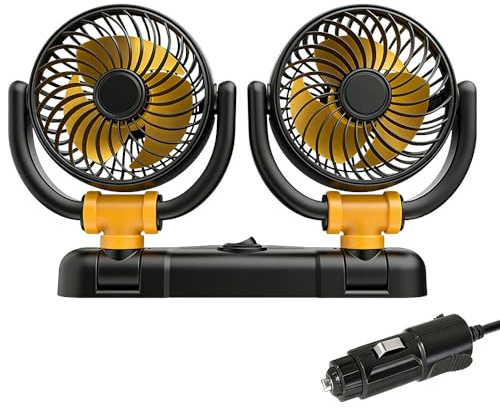 Ventilatore per auto, 12V ventilatore a doppia testa, ventilatore portatile per auto, 360° rotazione, ventilatore per climatizzatore a basso rumore, ventilatore a 2 velocità con doppio ventilatore con