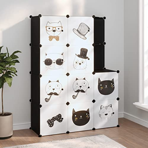 LoogCape Barnskåp modulärt med 10 kuber av PP och stål, svart, vattentätt, utrymmesbesparande stapelbar, 110 x 46,5 x 144 cm, för barnrum och entré