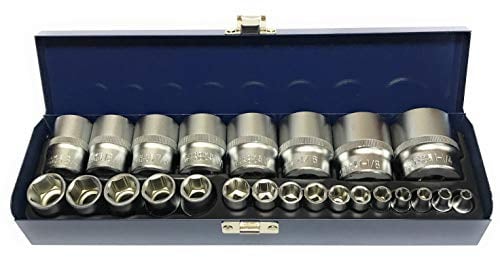24 x Steckschlüssel-Einsätze Schraubenschlüssel Nusskasten Stecknuss Stecknüsse SAE ZOLL ZÖLLIG 1/4 + 1/2 - Chrom-Vanadium-Stahl Inkl. robuste Metallbox