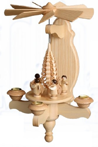 Volkskunstwerkstatt Unger Wandpyramide - Hängepyramide Engel Natur mit Spanbaum Inkl. 3 Teelichtaufstecker- Original Erzgebirge® #0890/T