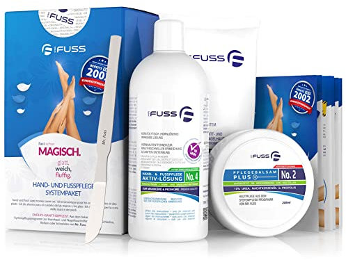 Mr. Fuss® N.º 4 Advanced Pack Steel - Eliminador de cutículas (4 piezas, solución activa, ablandamiento rápido, 500 ml, bálsamo nº 2-200 ml, algodón, raspador de acero inoxidable)