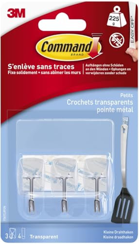 Command 17067CLR - Ganchos (225 gr de Carga, Talla S, 4 Adhesivos para Pared), Color Transparente