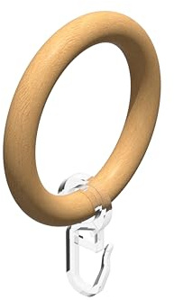 Interdeco Gardinenringe mit Faltenhaken/Holz-Ringe in Buche für Gardinenstangen 28 mm Ø (12 Stück)