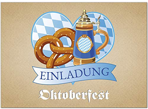 10 Einladungen zum Oktoberfest 2024 / Format DIN A6, 2-seitig/Bierkrug, Brezel auf Karton-Look/Einladungs-Karten zum Oktober-Fest mit Umschlägen/Garten Party