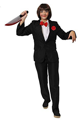 BAUCHREDNER HALLOWEEN MÖRDER PUPPEN KOSTÜM VERKLEIDUNG=MIT ODER OHNE ZUBEHÖR=BEINHALTET- SCHWARZEN HOSENANZUG+ROTE FLIEGE+ROTE PLASTIK NELKE + ROT/SCHWARZ/WEISSES MAKE UP=MIT PERÜCKE+MESSER-XLARGE