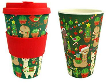TINYMILLS umweltfreundlicher wiederverwendbarer Reisebecher mit Weihnachts-Llama-Alpaka-Design