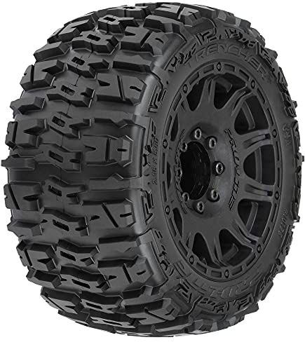 Pro-Line Monster Truck Tires 3.8 Trencher LP Tyres on Raid Black 8x32 Hex Wheels MT (2 Pack, 17mm Offset, Adult, Black)