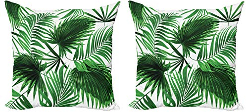 ABAKUHAUS Palmblatt Dekokissen Kissenbezug 2er Pack, Vivid Blätter Wachstum, Modern Accent Doppelseitiger Digitaldruck, 40x40, Farngrün Weiß