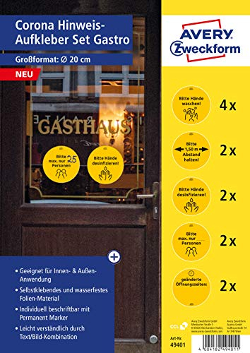 AVERY Zweckform Hinweis Aufkleber Gastronomie (ø20 cm, 12 Warnschilder, Hände waschen, Abstand halten, Mundschutz tragen, Hände desinfizieren, max. Anzahl Personen, Öffnungszeiten) 49401