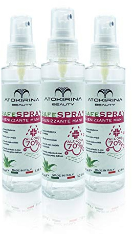 ATOKIRINA SAFESPRAY Igienizzante Mani e Superfici 70% Alcool con Aloe Vera Agisce rapidamente Senza risciacquo Set 3pzx100ml Antibatterico Protegge da Virus e Batteri. Igienizza Mani Bambini (3pz)