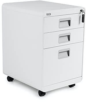 Yaasa File Cabinet Curved Standard Weiß - Rollcontainer aus Stahl, Aktenschrank mit 3 verschließbaren Schubladen, Büroschrank