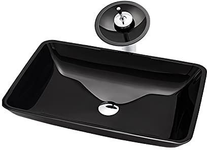 Shower Set Lavabo Vasque en Verre Trempé, Lavabo Lave-Mains Noir Vasque à Poser Monter Salle de Bain Lavabo Vasque avec Drain, Robinet Cascade,Rectangle