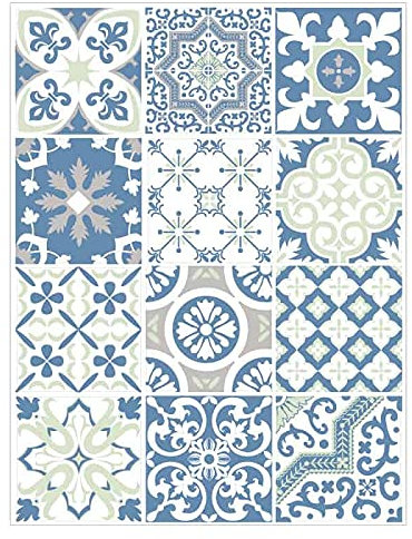 | Stickers Carreaux Muraux | Planche de 12 Stickers Autocollants Adhesifs Carrelage - Carreaux de Ciment - FRESHMONKEY - Dimensions d'un Sticker : 10 x 10 cm - Salle de Bains Cuisine Meubles ...