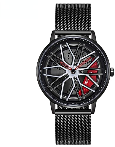 RWXCOW Auto Rad Felgen Nabenuhr - Hohl wasserdicht Sport Uhr für Herren Geschenke Armbanduhren, wasserdichte Edelstahl Armbanduhr, wasserdichte Edelstahl Armbanduhr.GürtelausStahlgewebe(roterZeiger)