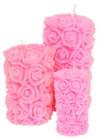 Laeto Rose Detail Unscented Pillar Candle Set - Pack of 3 Pink Coloured Candles for Romantic, Wedding & Church Use