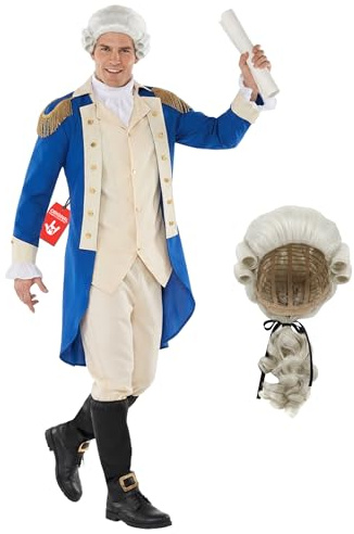 Morph George Washington Kostüm Herren, Barock Halloween Kostüm Herren | Uniformrock, Weste & Kniehose, Blaues Barock-Design, Zum Überziehen, Perfekt für Halloween, Ideal zum Verkleiden