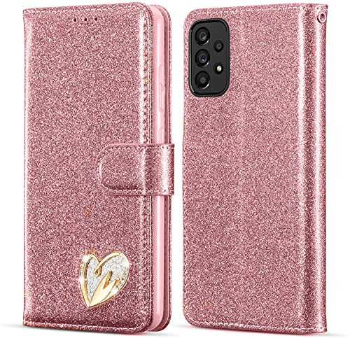 KP TECHNOLOGY Case for Galaxy A53 5G, Premium Shiny Bling Glitter Loving Heart Book Flip Stand Wallet Card Phone Case for Samsung Galaxy A53 5G (ROSE GOLD)