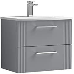 nuie DPF293G Deco Modern Bathroom Wall Hung 2 Drawer Part Fluted Vanity Basin Unit with Curved Ceramic Basin, 600mm, Satin Grey