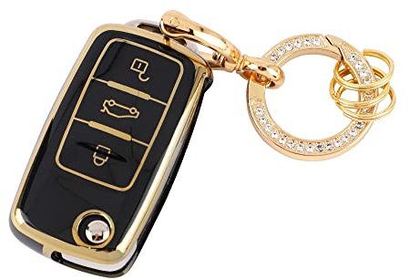 CARFIB Schlüsselhülle für VW Volkswagen Zubehör Beetle Eos Golf GTI Polo MK5 Santana Tiguan Scirocco Touran Skoda 2019 2018 2017 2016 Auto Schlüsselanhänger Insert Schlüsselring TPU Schwarz Gold