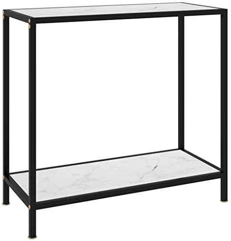 HOMIUSE 80 x 35 x 75 cm - Table console - Blanc - Verre trempé - Table de bar - Buffet - Salon - Étagère murale - Console - Table d'appoint fine - En métal - Aspect marbre