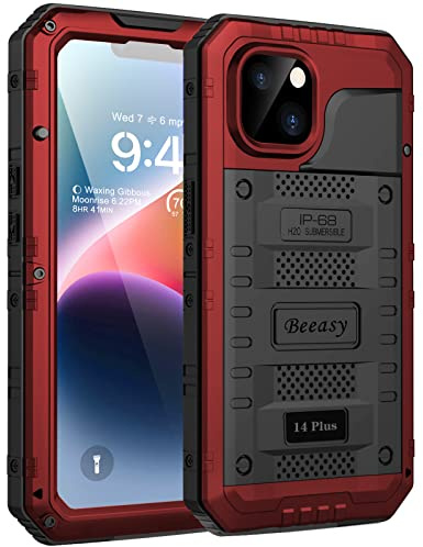 Beeasy for iPhone 14 Plus Case Waterproof Heavy Duty Shockproof Tough Metal Armour Cover Dustproof Built-in Screen Protector, 360 Full Body Military Protective Rugged Case for 14 Plus 6.7inch,Red