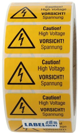 Labelident Warnaufkleber W012 - Warnung elektrische Spannung - 51 x 25 mm - 1.000 selbstklebende Warnzeichen 1 Rollen, PE-Folie (Polyethylen)