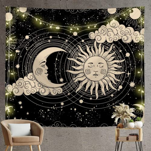 Arawat Wandteppich Sonne Mond Wandtuch Schwarz Gold Wandteppich Mond Sonne Wanddeko Psychedelic Teppich Gothic Wandteppiche Trippy Tapestry Wandtuch Wandbehang Boho Wand Deko (150 x 200cm)
