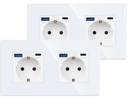 JIMEIDA Lot de 2 prises doubles avec USB en blanc, prises Schuko en verre 16 A avec charge rapide, port USB et port de type C max. 3,1 A, 157 x 86 mm, 250 V, 2 prises
